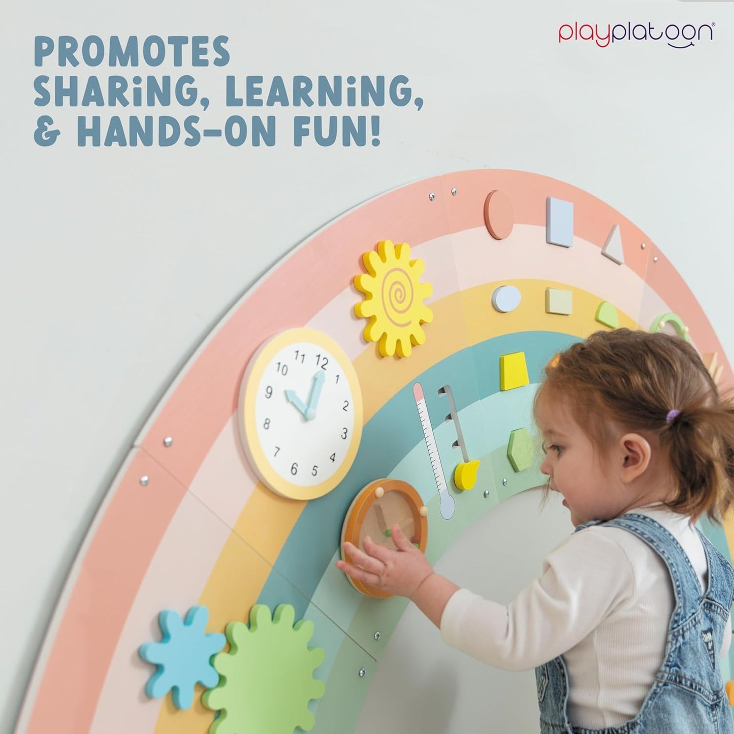 Play Platoon Kids Sensory Wall Panel, Activity Wall Busy Board Toys for Toddlers 1-3, Sensory Board - 64x32 inch Neutral Wooden Rainbow with 11 Activities for Montessori Playroom