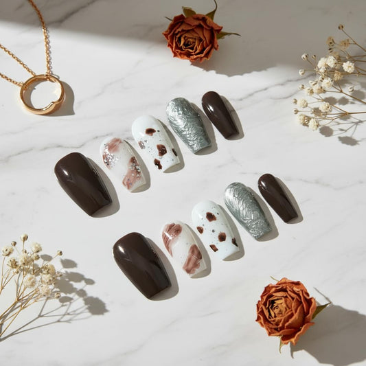 Tesytto Amber Brown Press on Nails - Short Coffin White Sliver Amber Base Handmade Acrylic Nails Vintage Press-on Nails for New Year Holiday(Autumn-Winter Amber, S)