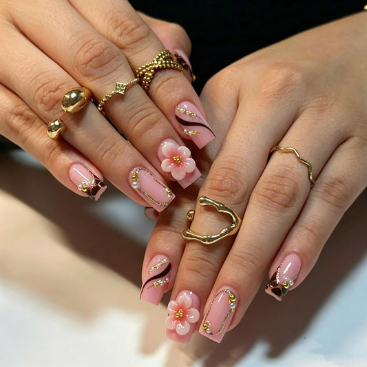 Pink Press on Nails Medium Square Nails Press ons with 3D Flower & Pearl Chain Design French Tip Fake Nails Reusable Full Cover Glue on Nails for Women Manicure Kit 24Pcs