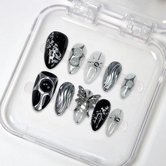 Black Press on Nails Medium Almond Fake Nails with 3D Metal Butterfly Irregular Silver Design Handmade False Nails Sequin Full Cover Artificial Nails Stick on Nail for Women DIY Tips (M)