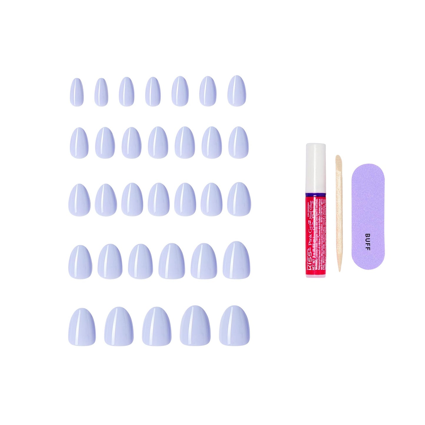 Kiss Core, Press On Nails, Nail glue included, 'Flee', Blue, Short Size, Almond Shape, Includes 32 Nails, 2g Glue, 1 Manicure Stick, 1 Mini File