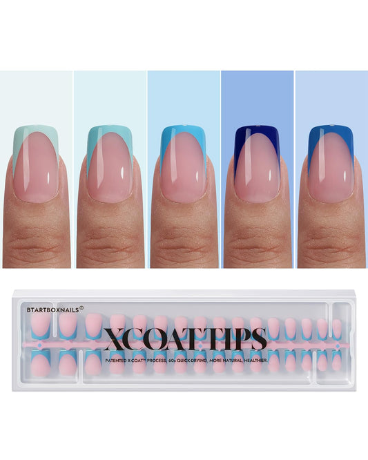 BTArtboxnails XCOATTIPS French Tip Press On Nails - Blue Press On Nails Short, Square Fake Nail Tips, 160Pcs Soak Off Soft Gel Acrylic Nail Extension in 16 Sizes