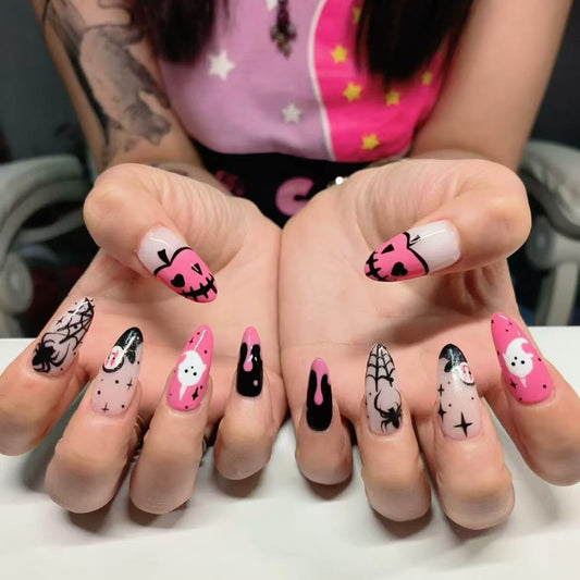 10Pcs Halloween Handmade Press on Nails Pink French Tip False Nails with Pumpkin Bat Design Stick on Nails Glossy Handmade Acrylic Glue on Nail for Women Nail Art Decoration (MT-158-M)