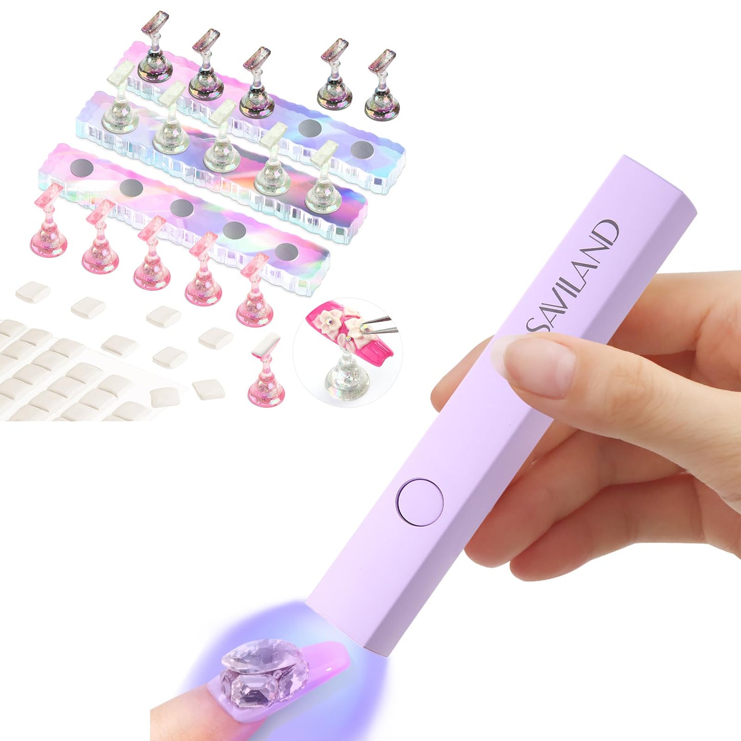 SAVILAND Nail Stand for Press On Nails Display:15pcs Nail Stand Set 3X Strong Magnet Fake Nail Holder Painting Handheld U V Light for Nails: 3W Portable Mini UV Light for Gel Nail Sticker