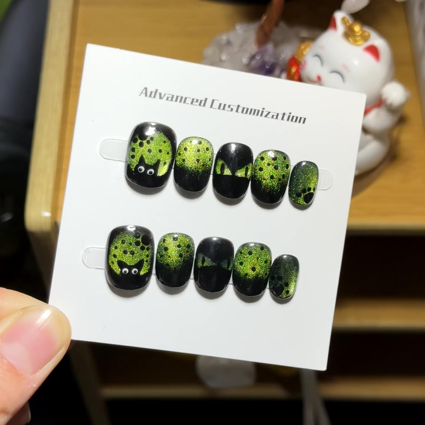 Fake Nails Short Chrome | Cat Eye Press On Nails | Black with Glitter Accents | Cartoon Cat Design | Trendy Fake Nails for Women & Girls (S)