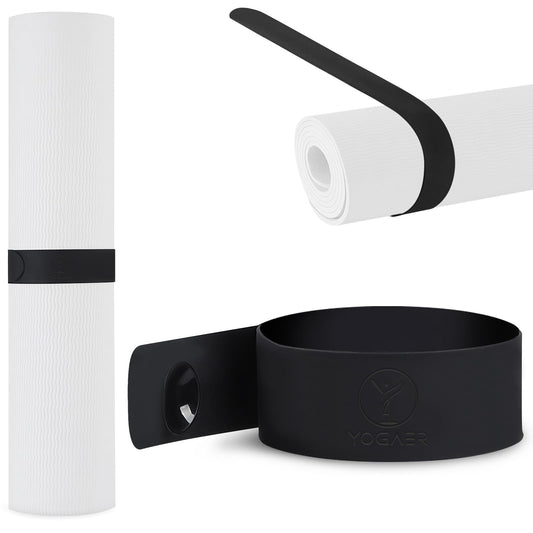 Yoga Mat Strap Slap Band- Extended Silicone Self-Rolling Mat Tie with Suction Cup Grip - Silent Snap Holder & Carrier for Thick Mats, Foam Rollers(25"L x 2"W) (Black)