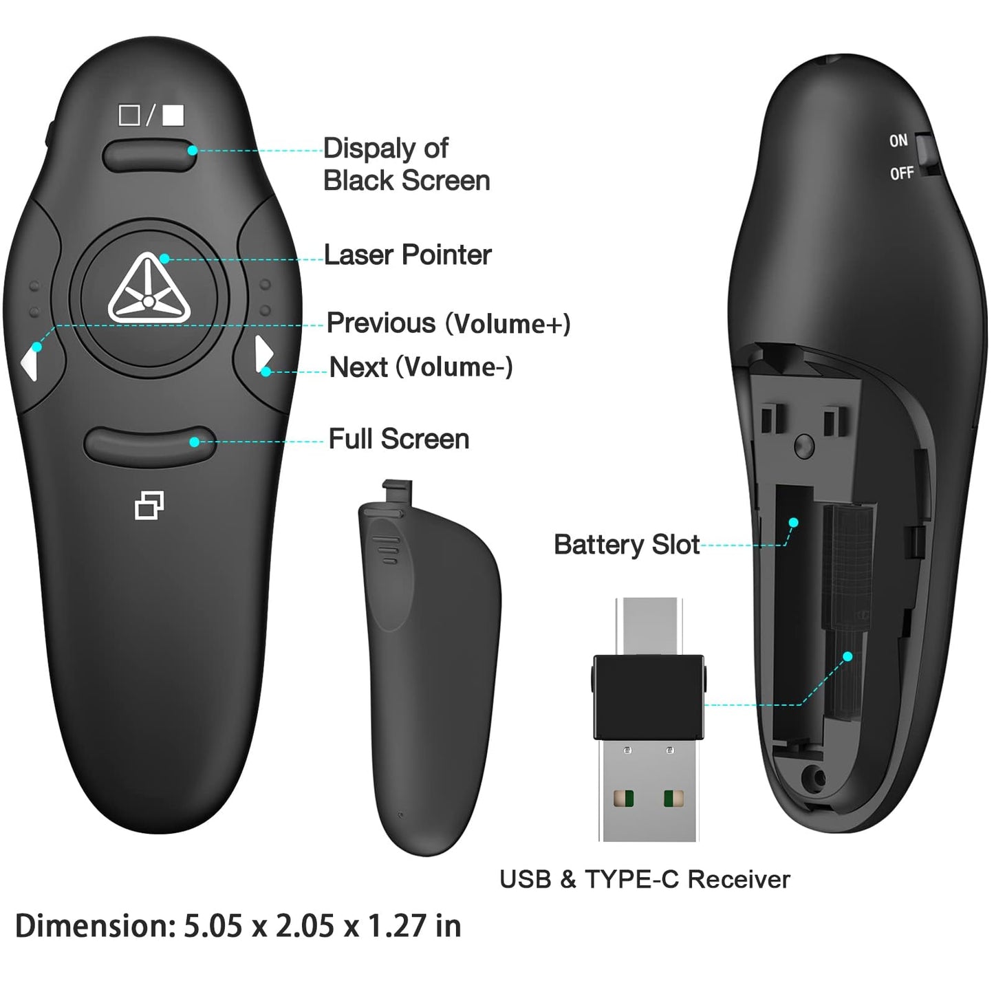 2-in-1 USB Type C Presentation Clicker Wireless Presenter Remote with Laser Pointer, RF 2.4GHz USB C PowerPoint Clicker Slide Advancer for Computer/Mac/Laptop
