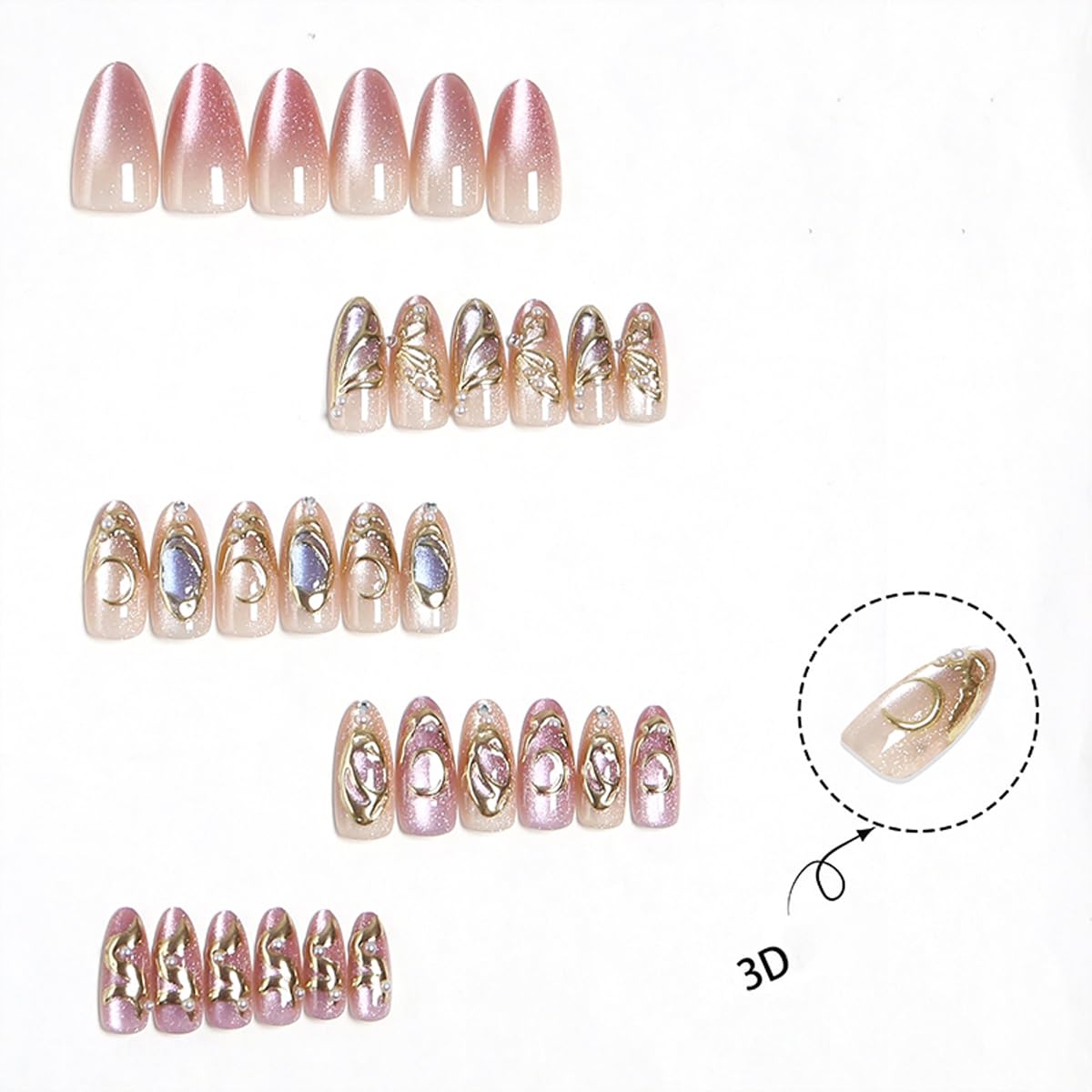 30Pcs Medium Almond Press on Nails Butterfly Nails Press on with Gold Metal Line, Cat Eye & Pearl Design Rhinestone Fake Nails Glitter Glue on Nail Full Cover Stick on Nail for Women Manicure