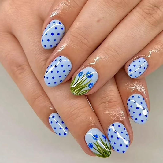 AWDSLUY 24Pcs Light Blue Tulip Press on Nails Short Oval Fake Nails with Blue Polka Dot Floral Design Glossy Spring Summer Flower False Nails Sweet Cottagecore Full Cover Stick on Nails for Women