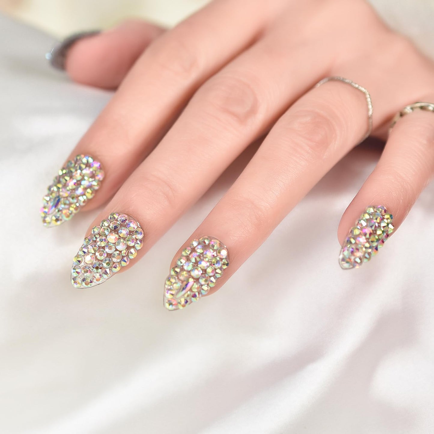 Elevenail Handmade Nails 24pcs Full Cover 3D Rhinestones Press On Nails Almond Medium Length Nails Women Girls Gifts Salon Manicure Shiny Crystal Nail Art Tips Fake Nails Reusable Acrylic False Nails
