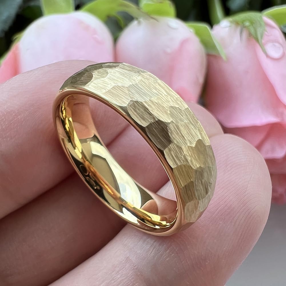 TUTISS 6mm Gold Hammered Tungsten Rings for Men Women Engagement Wedding Bands Domed Matte Finish Comfort Fit Size 9