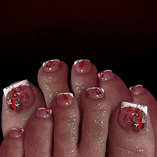 24Pcs French Tip Press on Toenails Short Square Fake Toe Nails with Bloody Designs 3D Spider False Toenail Glue on Nails Halloween Acrylic Nail Press on Spider Rhinestones Stick on Nails for Women