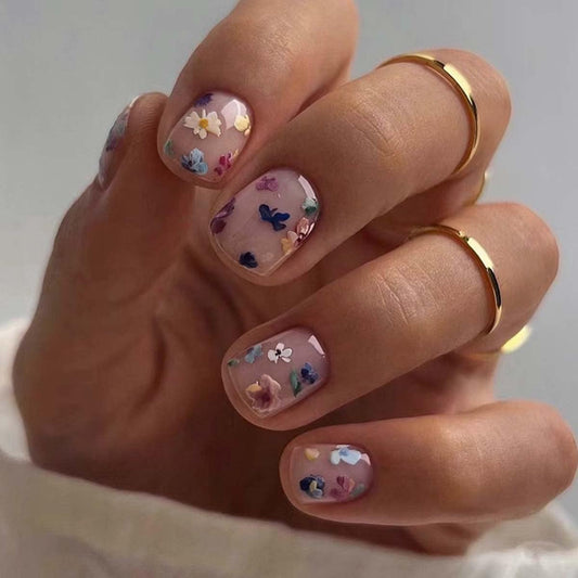 Flower Press on Nails Extra Short Square Fake Nails Nude False Nails Press ons with Colorful Floral Designs Reusable Acrylic Nails Full Cover Glue on Nails Stick on Nails for Women Manicure 24Pcs