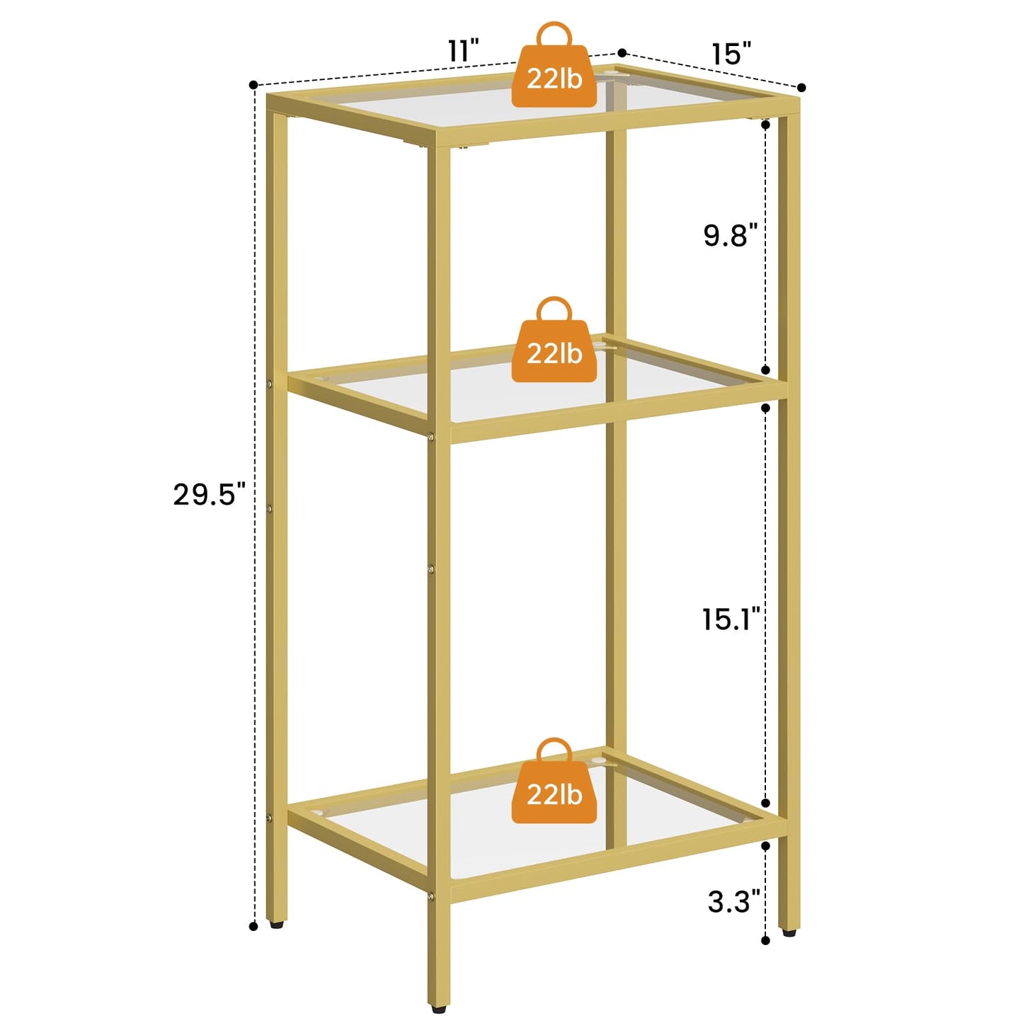 Draelibor Side Tables Set of 2, Tempered Glass End Table with Metal Frame, 3-Tier Small Nightstands with Storage Shelves,Tall Table Stand for Home Decor, Living Room, Bedroom, Office, Gold（2 Pack）