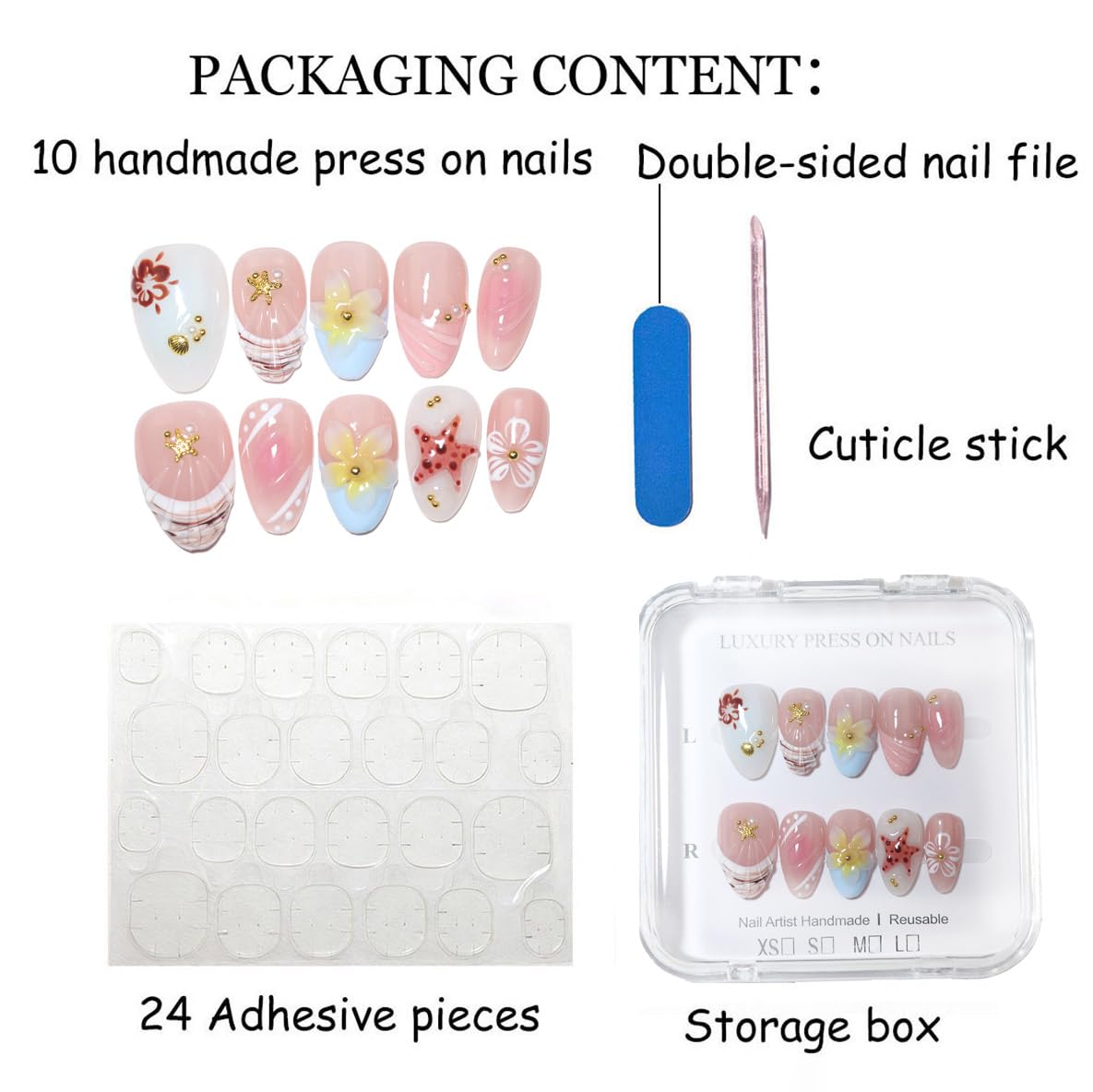 10Pcs Short Almond Handmade Press On Nails | Easy Apply & Remove, Reusable Salon Quality Nails | Fresh Nude Pink Fake Nails with 3D Floral, Starfish & Seashell Accents (RR08, M)