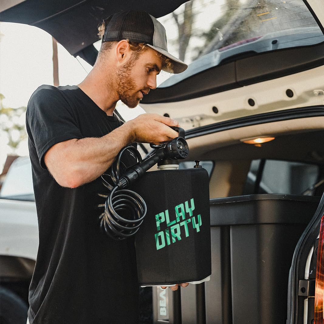 BeachBox 5 L Portable Shower for Camping with 5-Mode Spray Gun | Hand Pump (40–50 PSI), Neoprene-Insulated 7 ft Hose, Screw-Top Lid & Valve | Outdoor Portable Camp Shower (Play Dirty/Black)