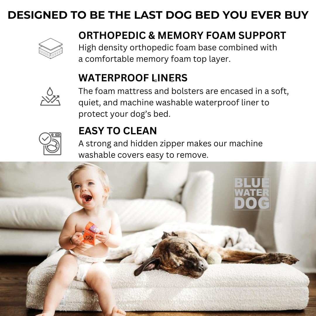 Bluewater Dog Luxury Boucle Orthopedic Memory Foam Dog Bed with Waterproof Liner and Machine Washable Cover with YKK Zippers (Large, 45" L x 36" W x 7" Th, Cloud)