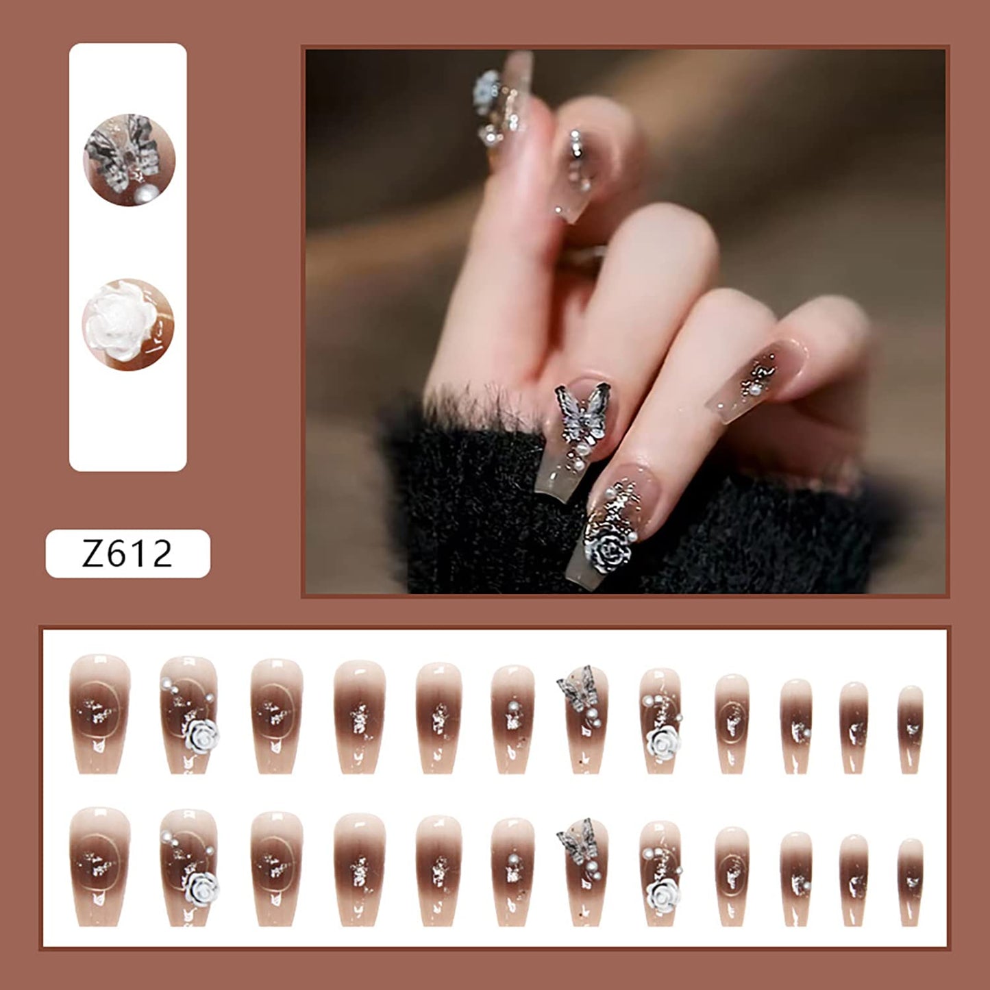 24Pcs Full Cover Reusable Coffin False Nails, Press on Nails Square Medium Length, Artificial Acrylic Fake Nails with Black Butterfly Flower Designs, Women Glue on Nails, Stick on Nails for Nail Art