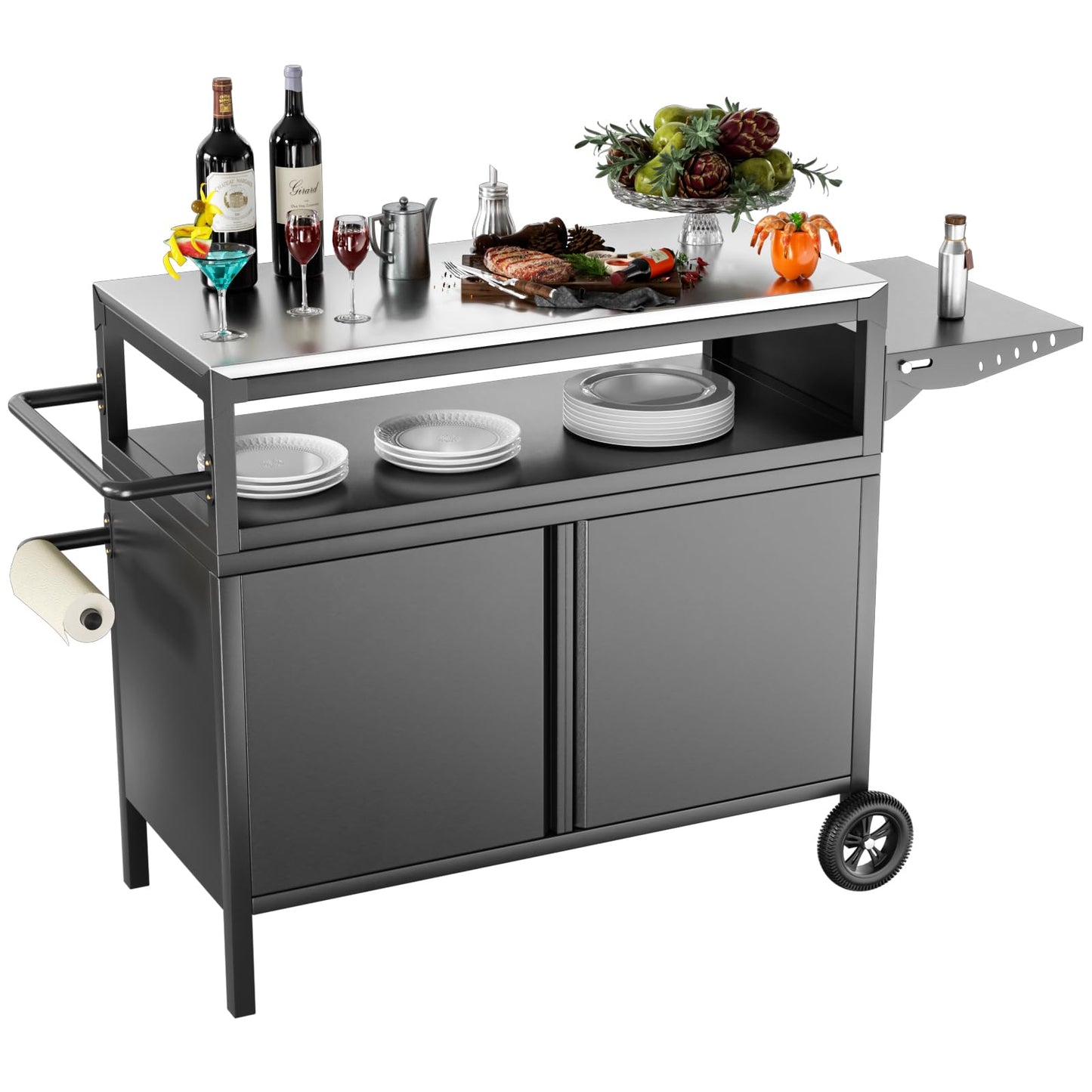 MUHYHY Outdoor Grill Table with Storage, Movable Outdoor Grill Cart, Stainless-Steel Tabletop Outdoor Kitchen Island, Patio Kitchen Island BBQ Cart with Wheels for Home BBQ Backyard Party