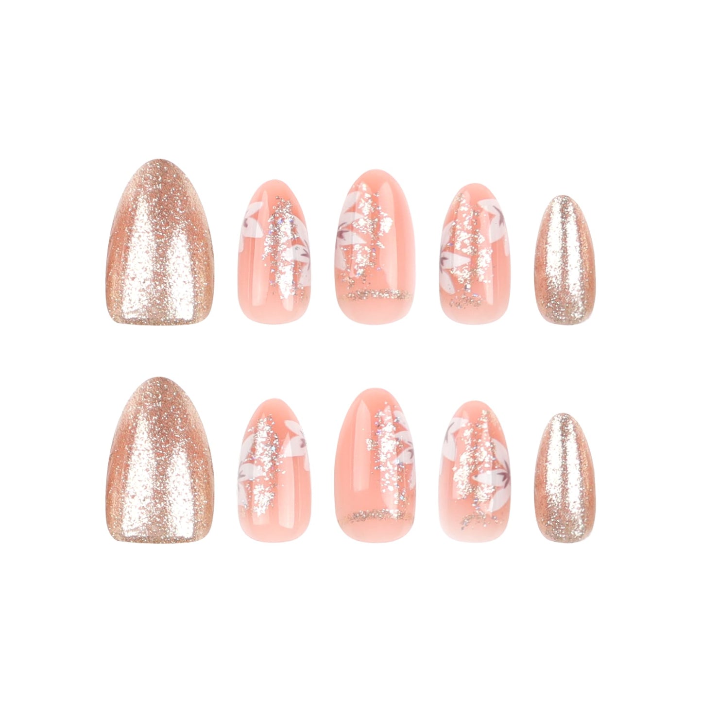 Taoyisent Glitter Ombre Press On Nails Almond Glossy, Pink Floral Fake Nails with Rose Gold Sparkle Design, Reusable Full Cover Stick On Nails for Women Party Wedding Daily Wear, 24PCS