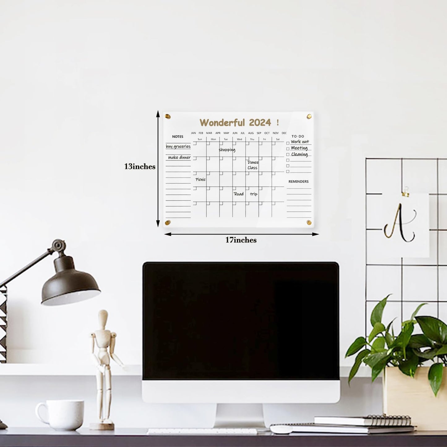 Clear Acrylic Calendar Dry Erase for Wall, Family Planner, Monthly Calendar Dry Erase Whiteboard for Home, Office, 17" x 13"Reusable White Board（Clear-3343）