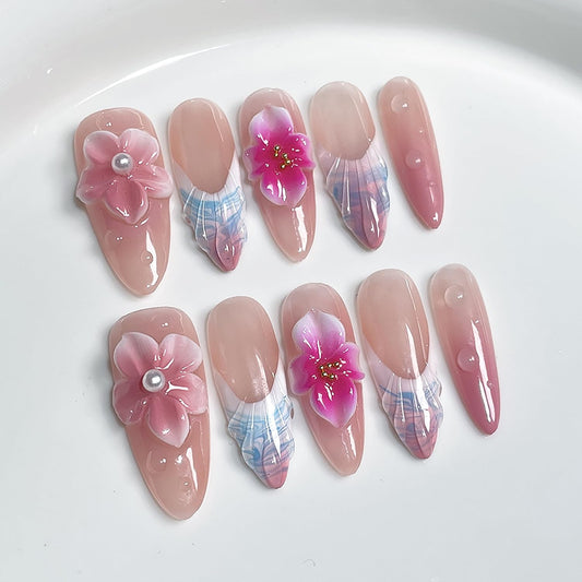 Luxury Press on Nails Medium Almond Handmade 3D Unique Reusable ABS Material Fake Nails Pink&White False Nails with Designs Pink Flower Water Drop Art Petal Glossy Glue on Thick Acrylic Nails(S)