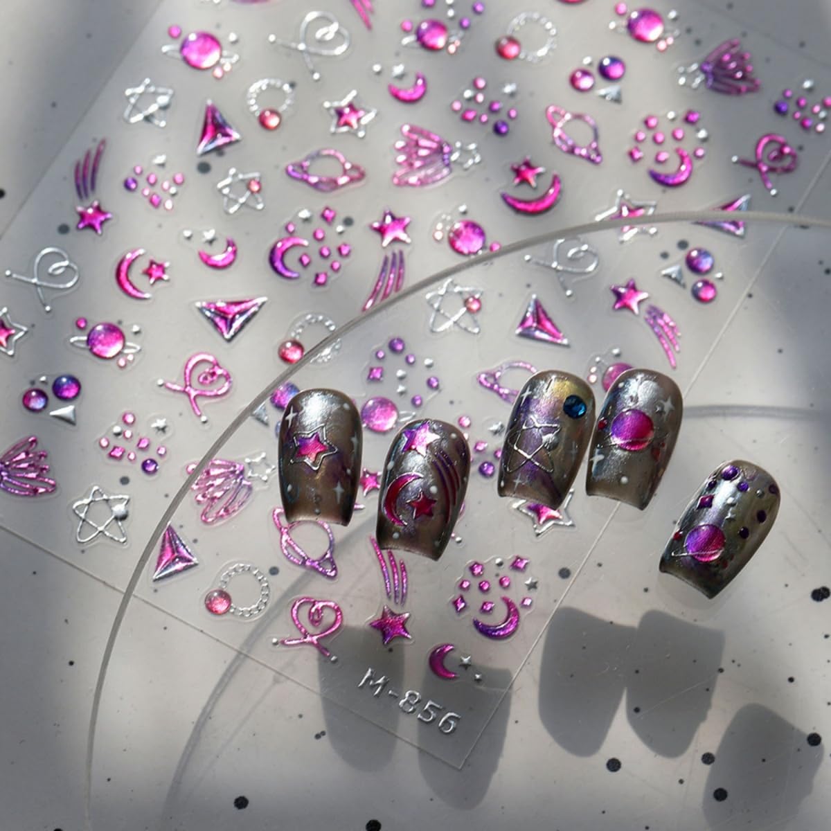 5D Embossed Star Nail Art Stickers Pink Purple Nail Decals Shiny Moon Heart Designs Self-Adhesive Star Moon Planet Nail Stikcers DIY Manicure Decoration - Nail Art Supplies for Women