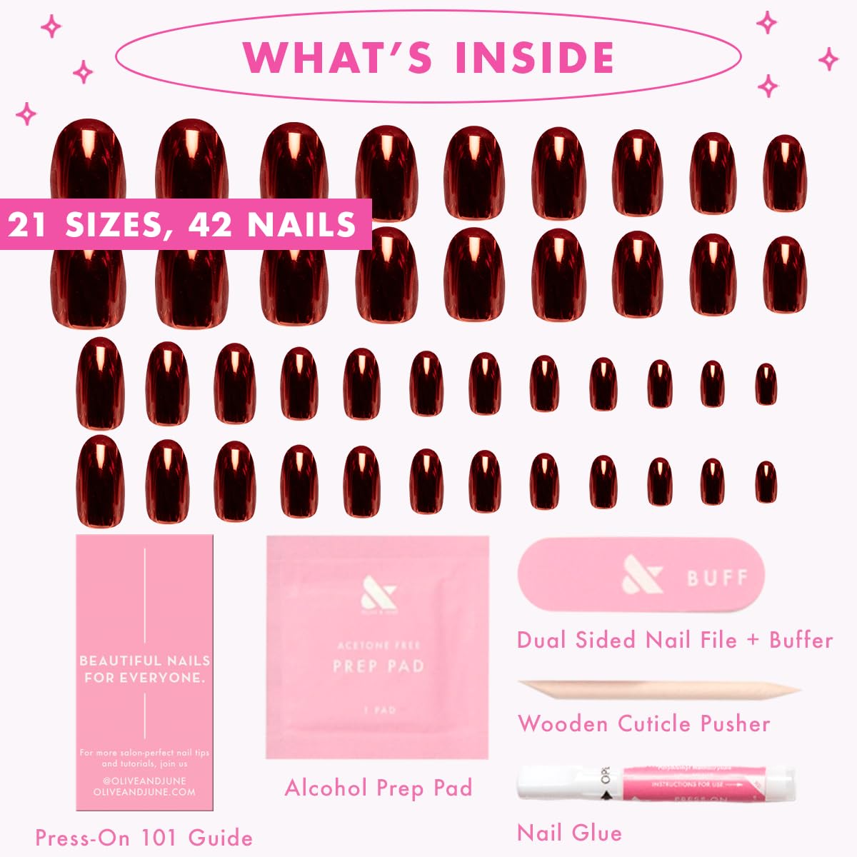 Olive & June Instant Mani Press-On Nails | Glue | Medium Oval | 42 Pieces, 21 Sizes | Non-Toxic, Long-Lasting Recycled Materials Realistic Look | Salon-Quality at Home | Halloween Vampire Chrome