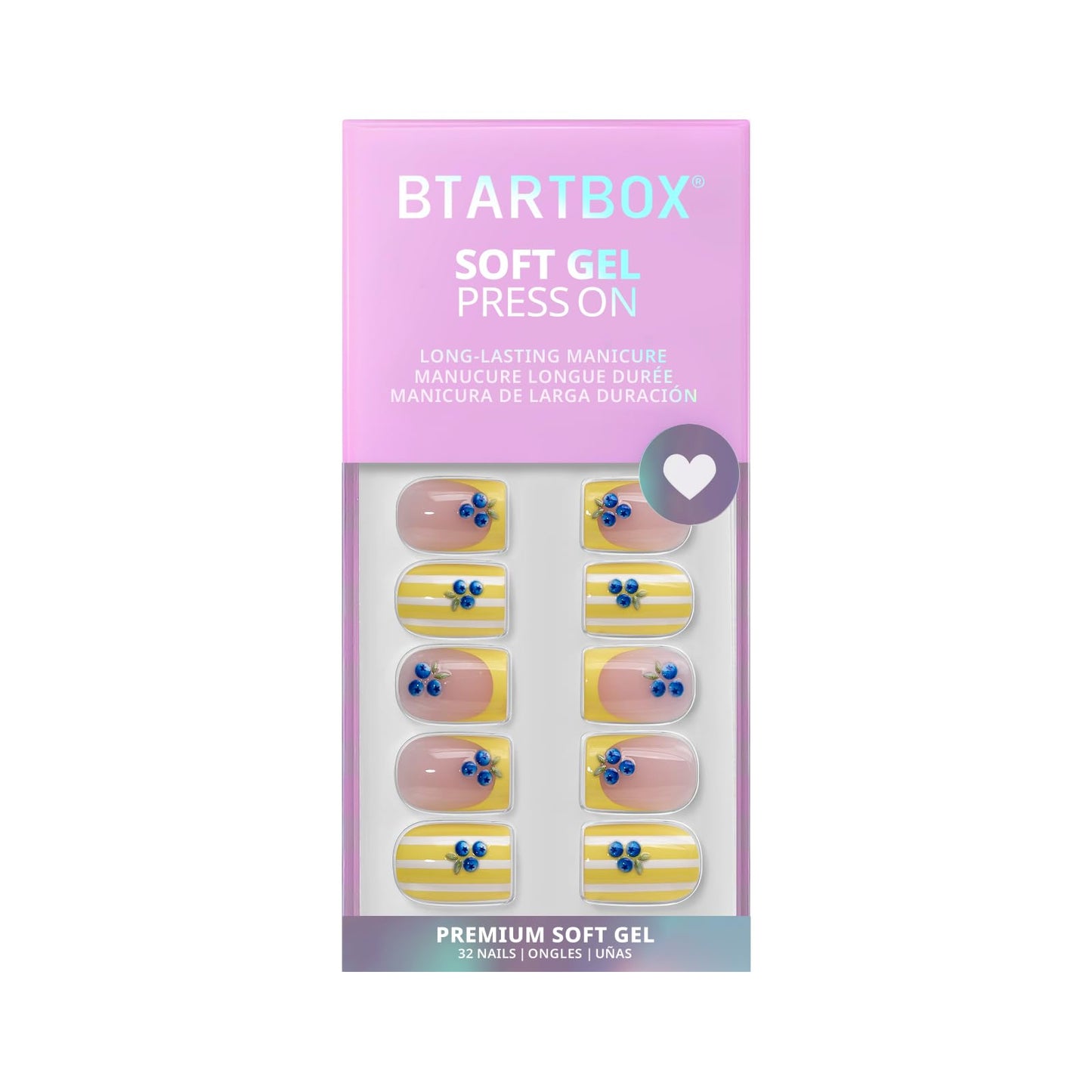 BTArtbox French Tip Press On Nails - Blueberry Rain, Easy-to-Apply Yellow Short Square Press On Nails with Glue and Adhesive Tabs in 16 Sizes - 32 Nails All-in-One Kit