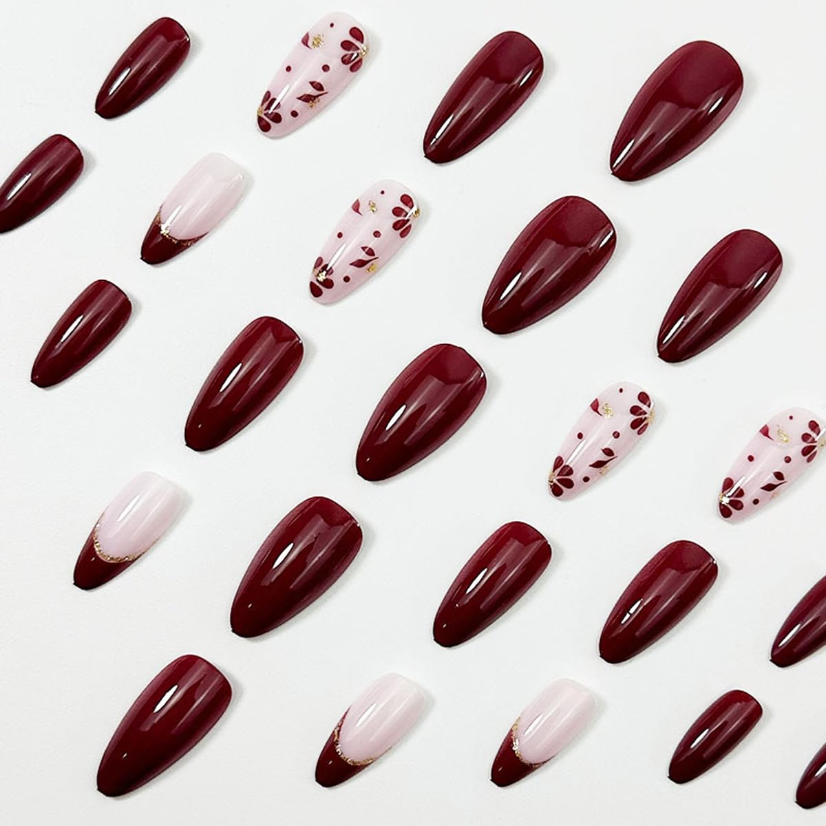 Burgundy Press on Nails Short Almond Glitter Flower Fake Nails Wine Red French Tip False Nails Press ons with Floral Design Glossy Acrylic Full Cover Winter Stick on Nails for Women Manicure 24Pcs