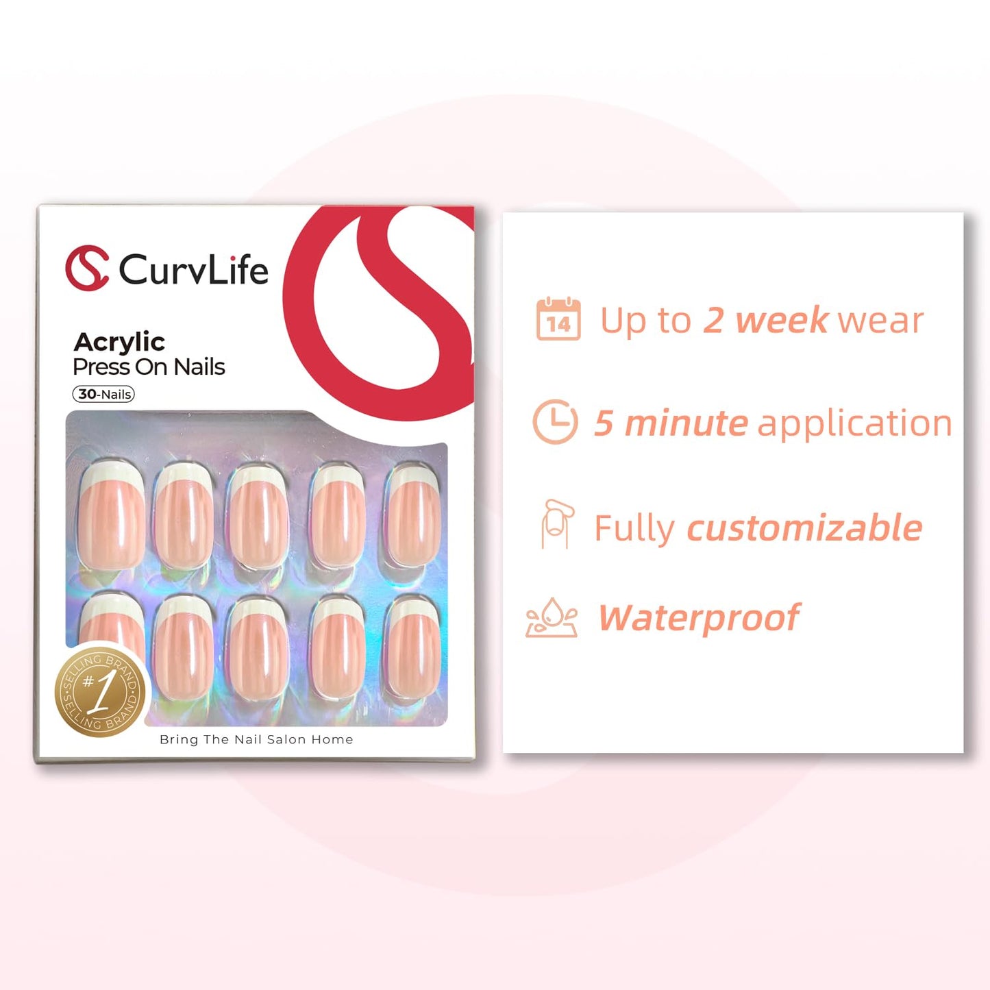 CurvLife Press on Nails 30pcs Short Square Acrylic Aurora French Fake Nails with Apricot Design Full Cover False Nails Glossy Nude Artificial Stick on Nails for Women