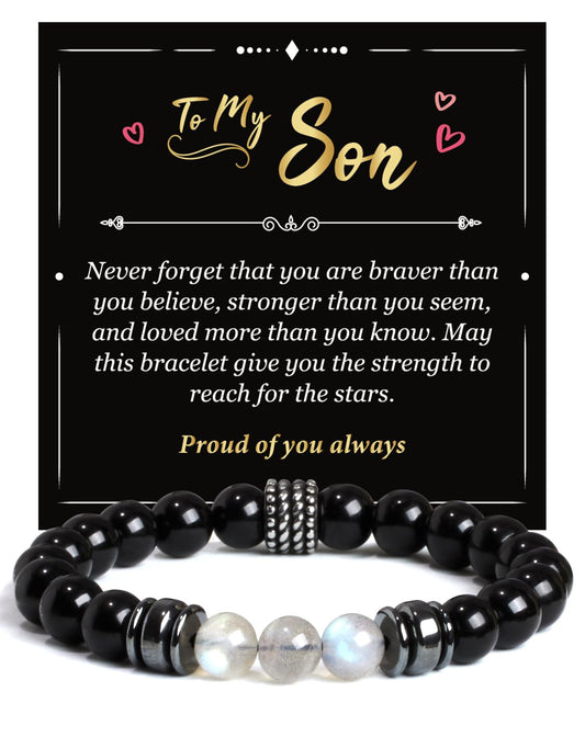 Landorilo Gifts for Men, 8mm Natural Stone Beaded Bracelets, Black Tourmaline & Labradorite Healing Bracelet, Handmade Mens Jewelry Gift for Him, Husband, Son, Father, Friend(Happy Birthday-7.5in)