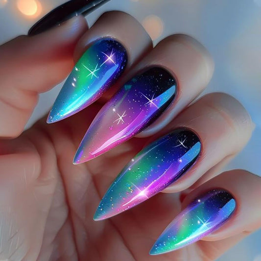 Aurora Plating Medium Colorful Smudge Free Coffin Acrylic Nails - Stars Sky Design, Full Cover Press On, Artificial, Glue On for Women