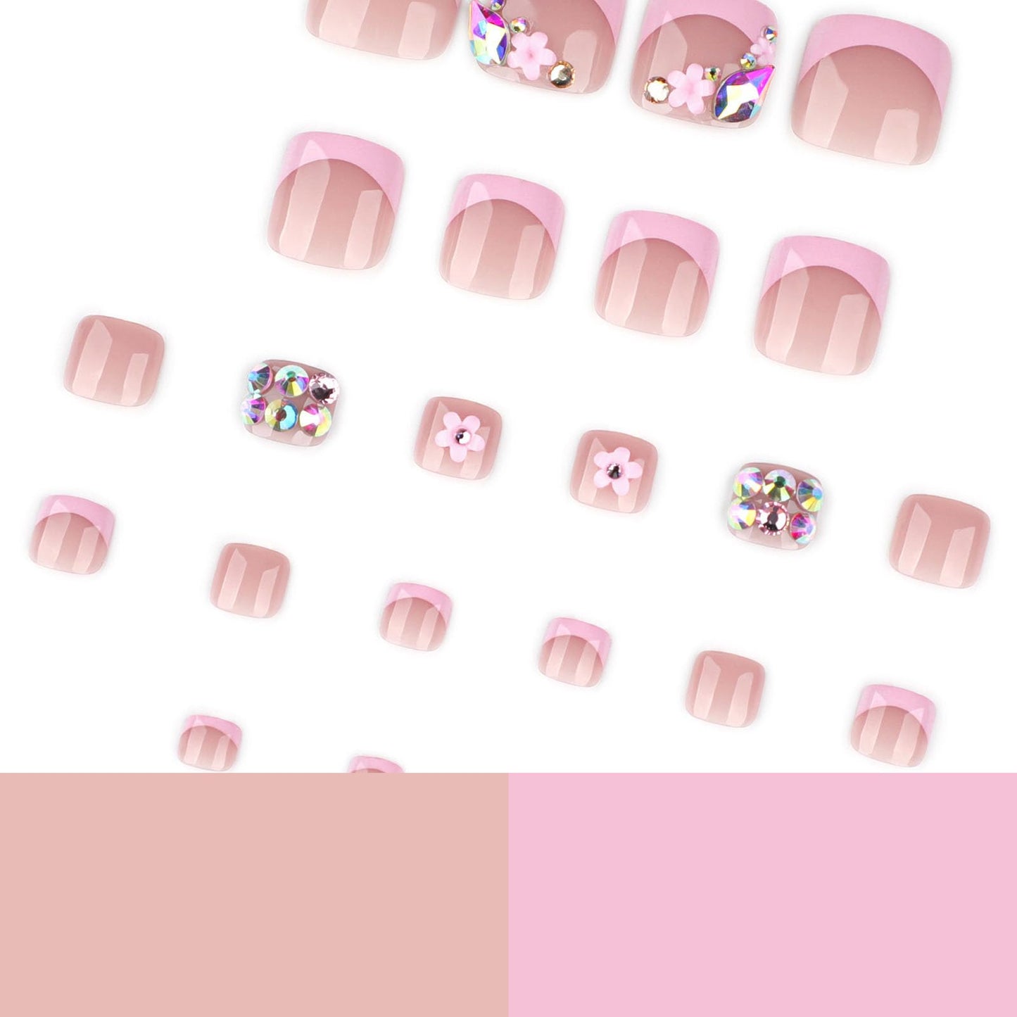 RUOKEXIN Short Press on Toenails Pink French Tip Fake Toenails with 3D Flower Rhinestones Designs Square Toe Nail Press ons Sparkly Artificial Nails for Women 24Pcs