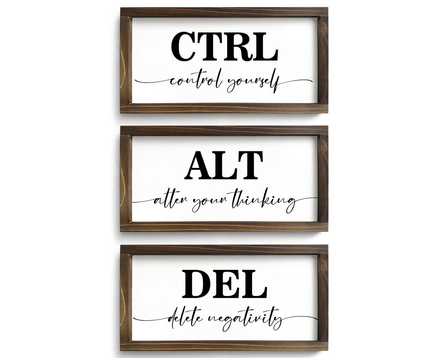 Pinetree Art Motivational Wall Decor for Office, Set of 3 Rustic Wooden Framed Signs, CTRL ALT DEL Inspirational Wall Art for Home Office, Classroom, Desk Wall, Positive Mindset Decor, (6"x12"x3)