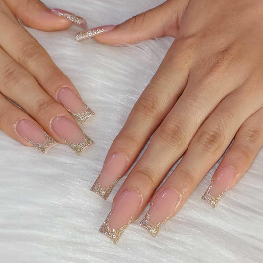 YoYoee Luxury French Press on Nails Nude Nails Tips Long Square False Nails Bling Acrylic Ballerina Fake Nails for Women and Girls 24PCS