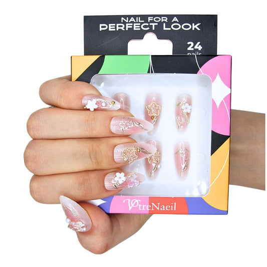 Votrenaeil Press On Nails - Spring Bloom | No Glue Short Almond Pink Ombre Fake Nails with 3D Floral for Wedding - 24 Pcs Nail Kit with Adhesive Tabs