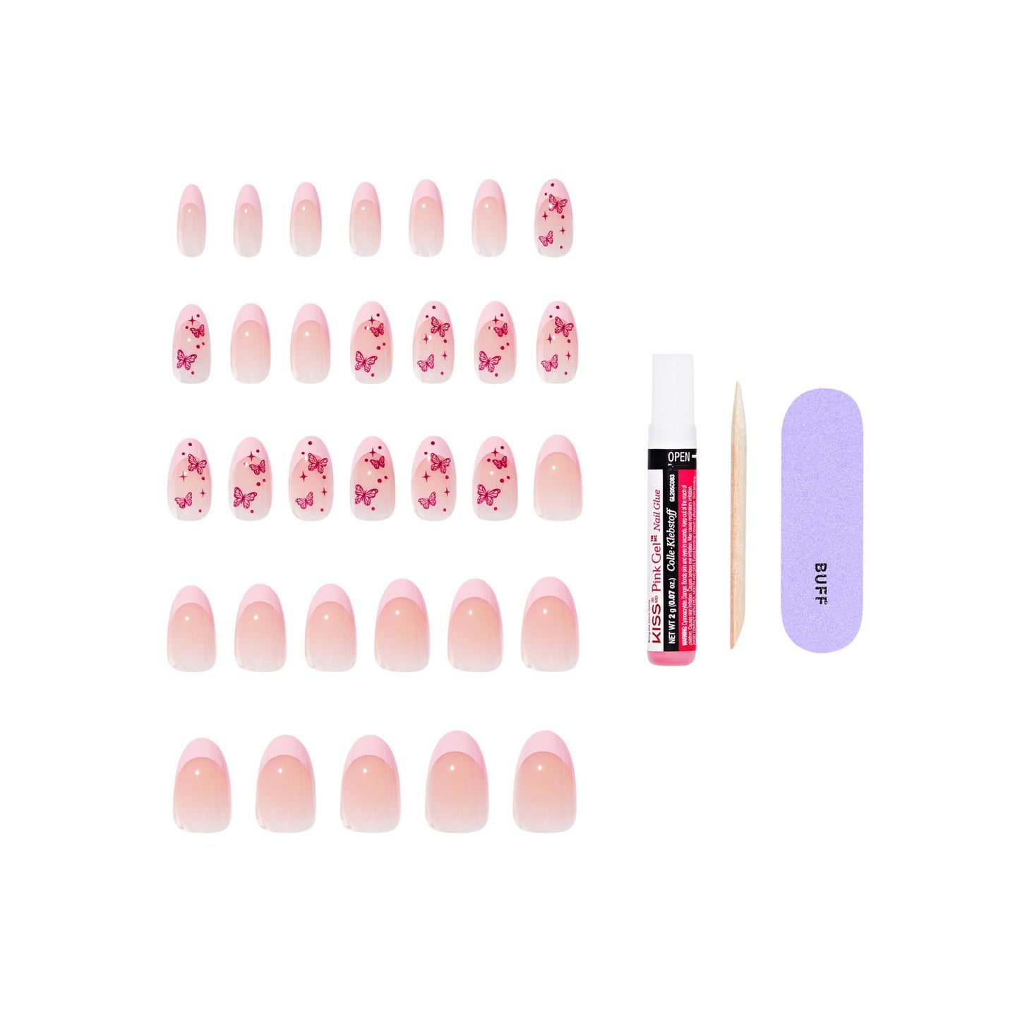 Kiss Core, Press On Nails, Nail glue included, 'Signature', Pink, Medium Size, Almond Shape, Includes 32 Nails, 2g Glue, 1 Manicure Stick, 1 Mini File