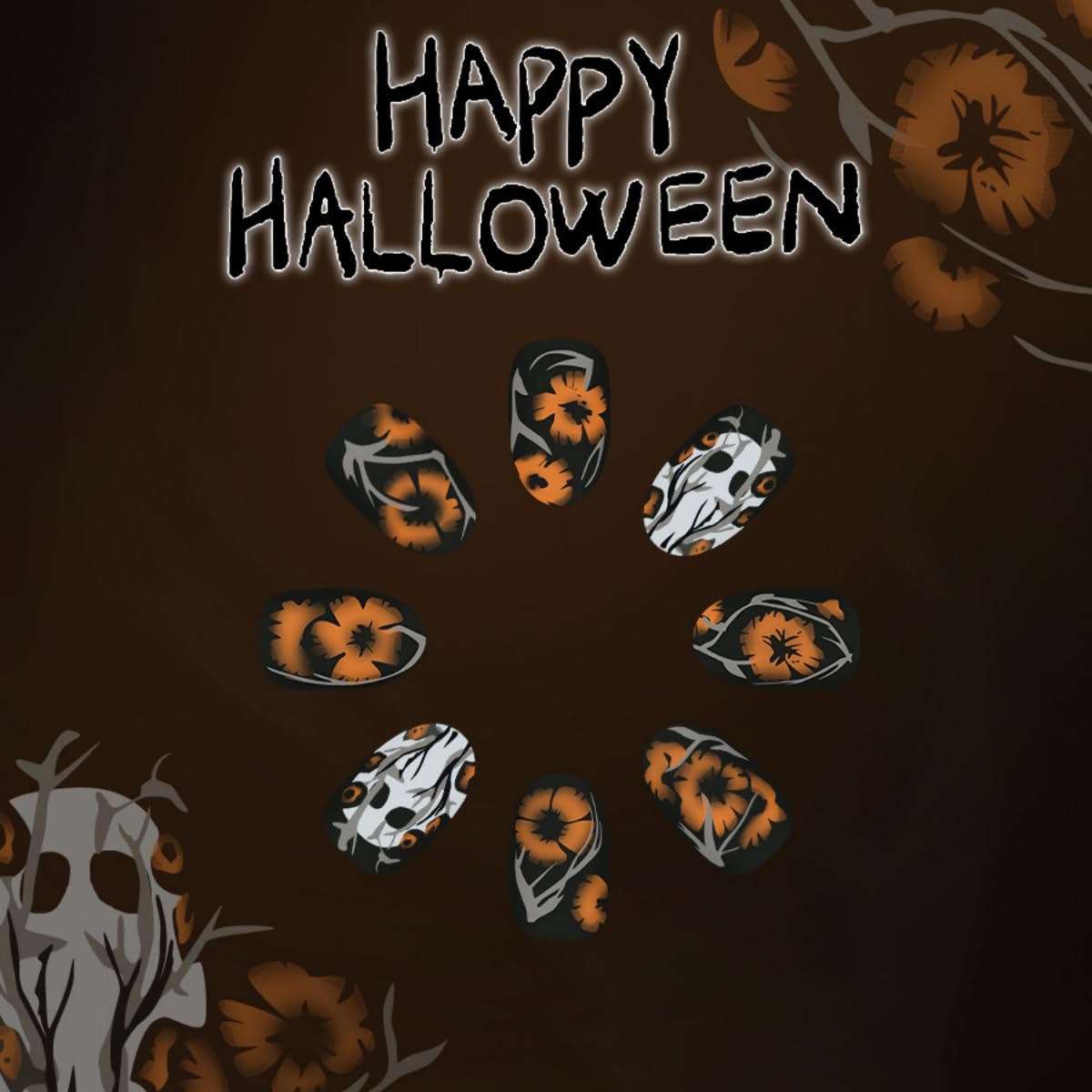 24Pcs Halloween Press on Nails Short Almond Fake Nails with Ghost Yellow Flower Design Stick on Nails Spooky False Nails Handmade Full Cover Acrylic Glue on Nail for Women Girl Nail Art Decoration