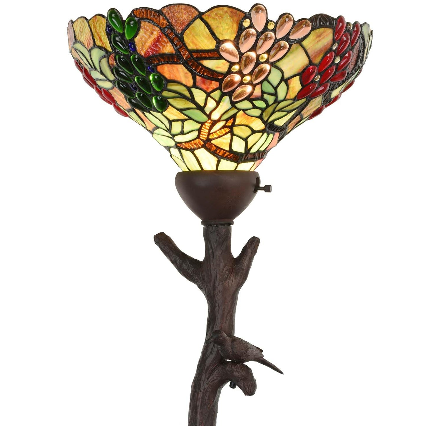 Bieye L10768 Grape Tiffany Style Stained Glass Torchiere Floor Lamp with 14 inches Lampshade, Bird on Branch Base, 70.5 inches Tall
