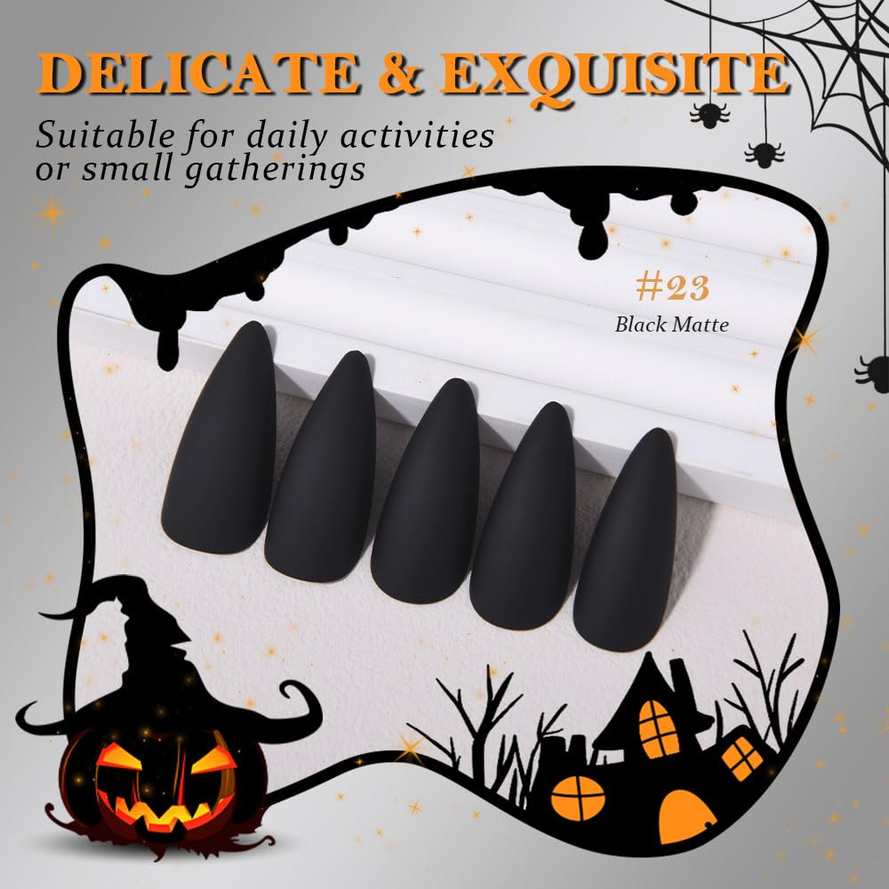 XZMeiLun Halloween Press On Nails Medium Long Matte Stiletto Almond, Acrylic Press On Nails, Ghost Designer Reusable Fake Nails, Artificial Nail Hallows' Day, Glue On Nail Press Ons for Women