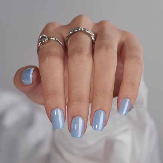 BTArtbox Press On Nails Short - Square Press On Nail, Blue Glossy Nail Tips Glue On Nails with Nail Glue, Reusable Stick On Nails in 16 Sizes - 32 Soft Gel Fake Nails Kit, Ocean Glazed