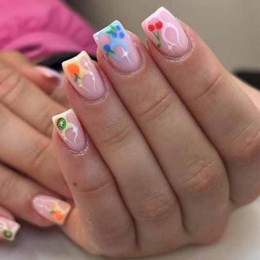 IMSOHOT Press on Nails Short Square Fake Nails Colorful French Tips False Nails with Flame & Fruit Designs Nude Glossy Full Cover Cute Summer Acrylic Squoval Stick on Nails 24Pcs
