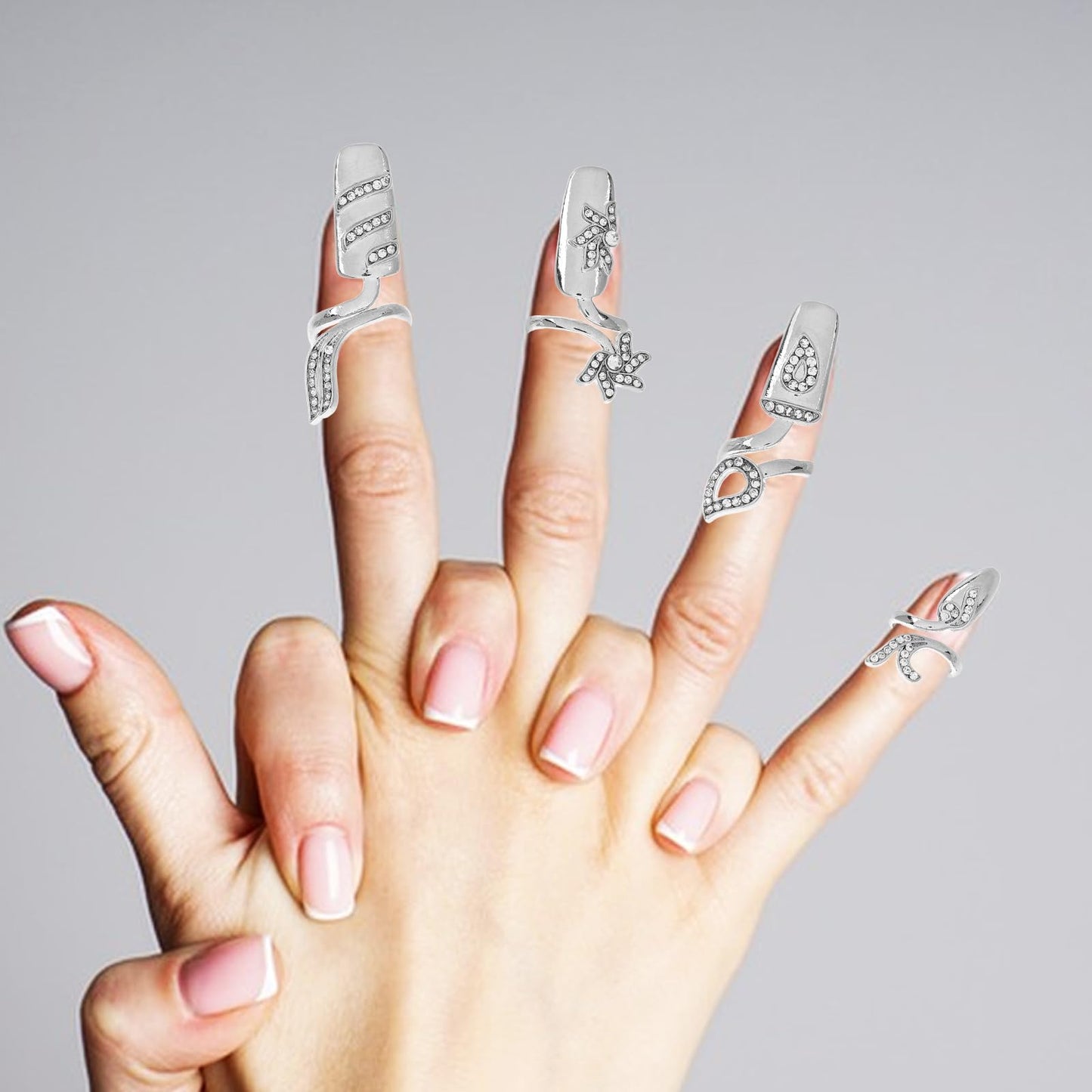 FRCOLOR 12Pcs Nail Rings with Rhinestone Metal Finger Rings Nail Decoration Fingernail Glitter Rings Nail Cover Ring Finger Patch Nail Jewelry