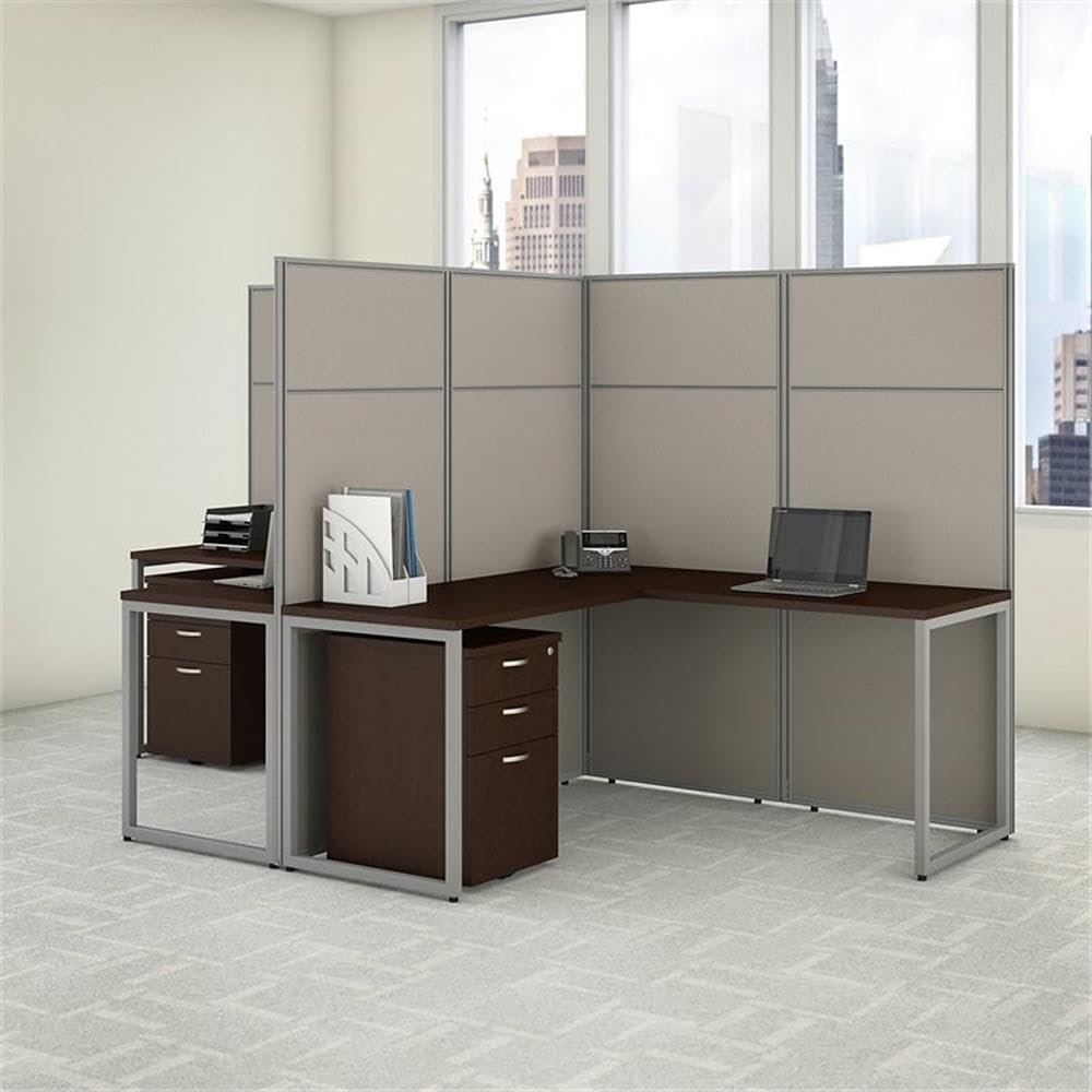 Bush Business Furniture Easy Office 60W 2 Person L Shaped Cubicle Desk with Drawers and 66H Panels in Mocha Cherry