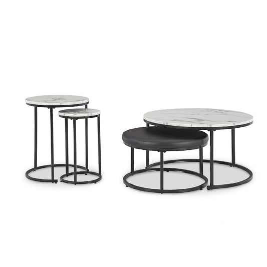 Signature Design by Ashley Jusmour Modern Nesting Table Set with Faux Leather Upholstered Ottoman, Set of 4, Black & White