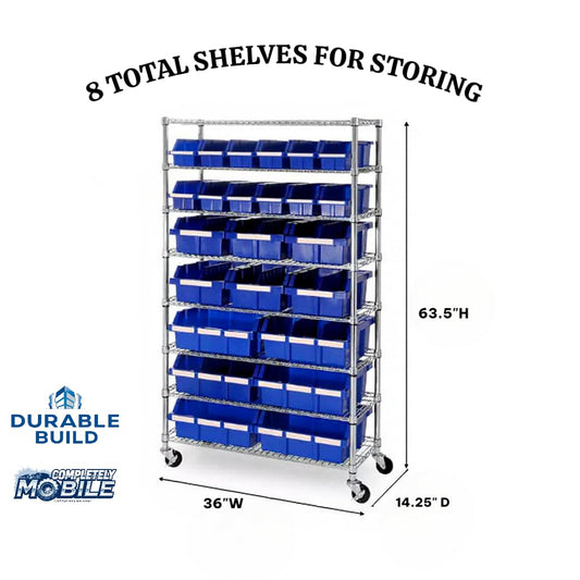 Heavy-Duty Steel Wire Shelving Storage Unit, 24-bin Rack with Wheels (Blue)