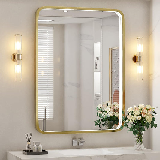 FTOTI 28x36 Inch LED Bathroom Mirror with lights,Wall Mounted Lighted Vanity Mirrors with Non-Rusting Gold Metal Frame Anti-Fog Memory Funtion Stepless Dimmable for Bathroom Decor(Horizontal&Vertical)