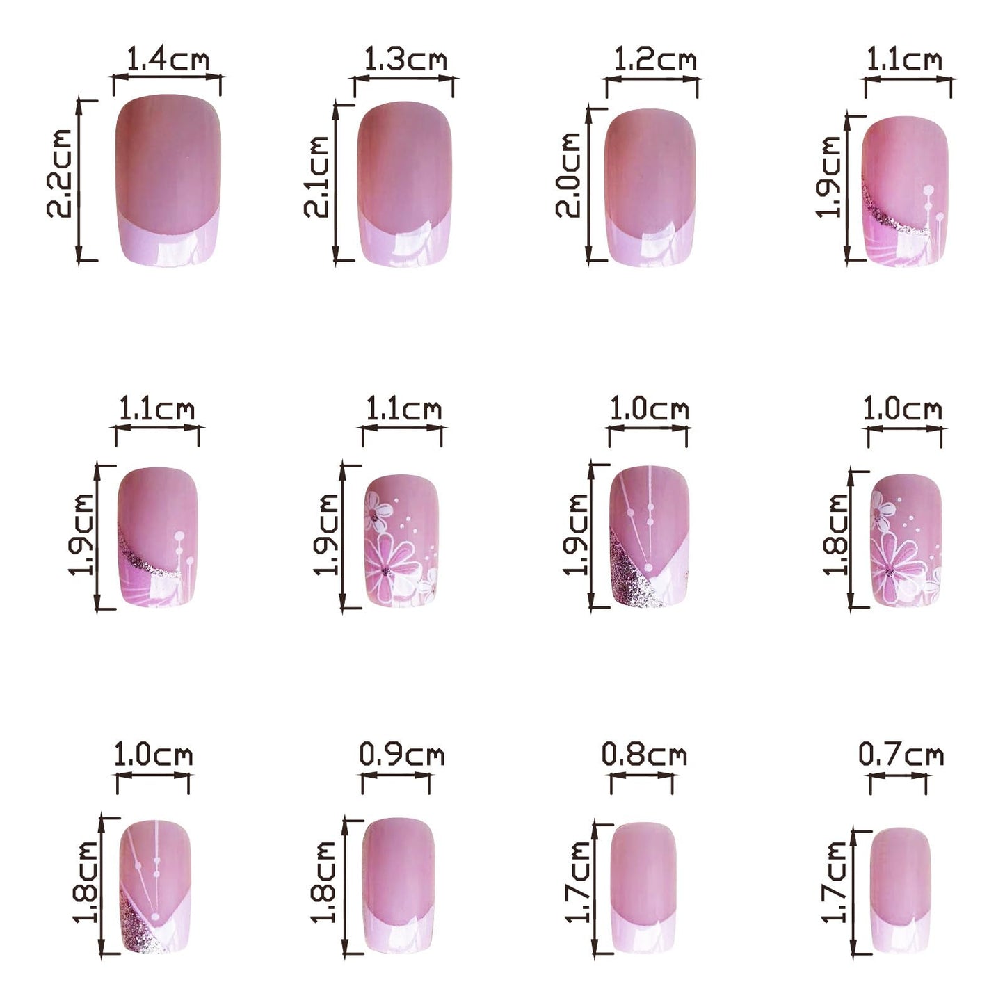 French Tip Press on Nails Short Square Fake Nails Pink Flower False Nails with Design Glitter Line Glue on Nails Full Cover Acrylic Nails Stick on Nails for Women Girls Manicure 24 Pcs