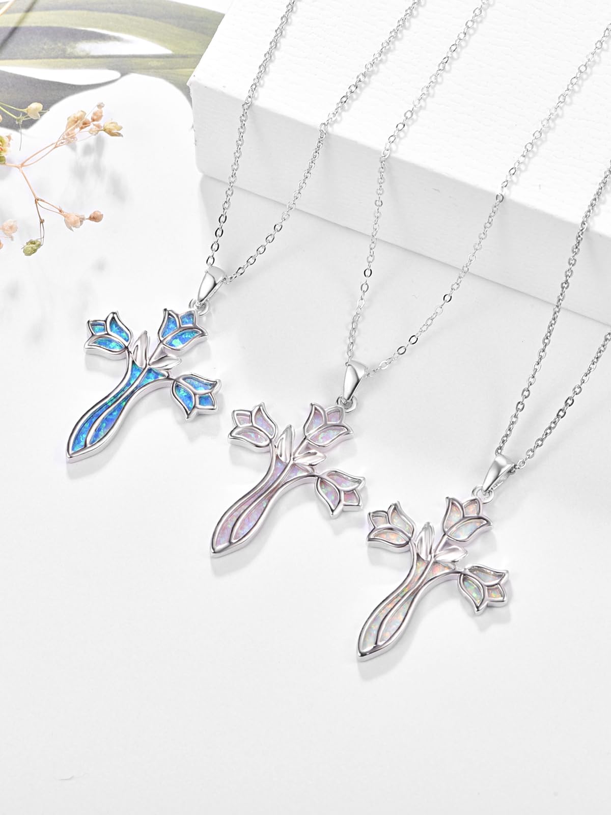 Dreamboat Opal Cross Necklace for Women Sterling Silver Cross Pendant Christian Necklace Tulip Rose Faith Confirmation Gifts Religious Jewelry for Mom